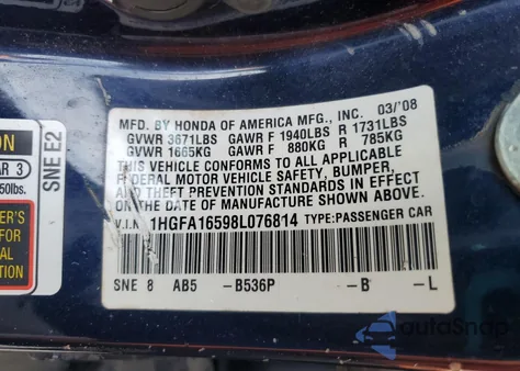 2008 Honda Civic Lx из США, поврежденный, VIN 1HGFA16598L076814